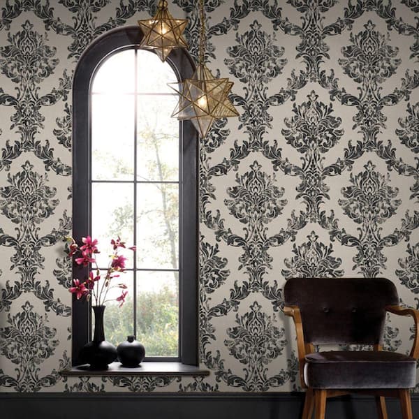 Opal Damask Charcoal/Gold Charcoal and Gold Wallpaper Sample
