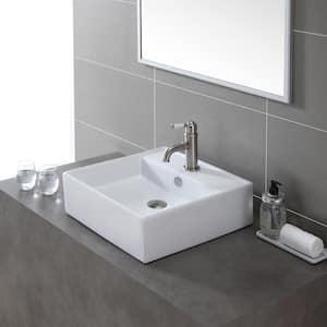 Square Ceramic Vessel Bathroom Sink with Overflow in White and Pop Up Drain in Satin Nickel