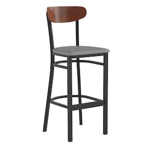 32 in. Walnut Wood Back/Gray Vinyl Seat Full Metal Bar Stool with Vinyl Seat