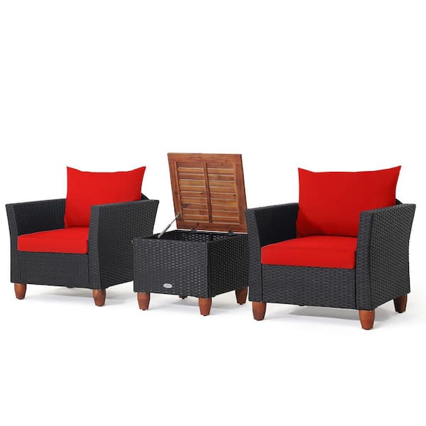 Gymax 3-Piece Patio Rattan Conversation Set Outdoor Furniture Set with Red Cushions