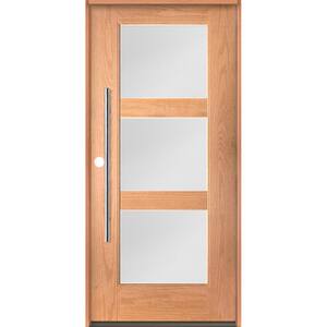 Modern Faux Pivot 36 in. x 80 in. 3-Lite Right-Hand/Inswing Satin Etched Glass Teak Stain Fiberglass Prehung Front Door