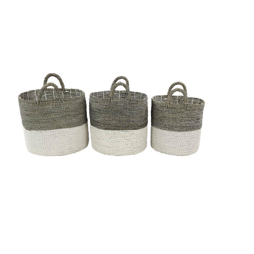 Coastal Charm White and Natural Seagrass Round Storage Baskets, Set of 3