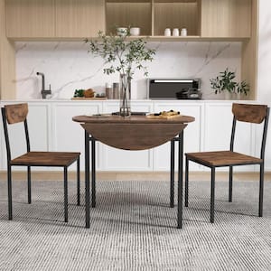Modern 3-Piece Brown Round Drop Leaf Dining Table Set Seats 2