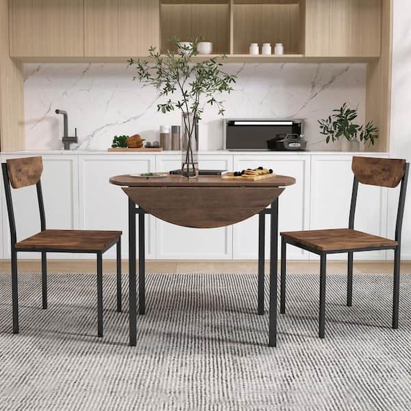 Harper & Bright Designs Modern 3-Piece Brown Round Drop Leaf Dining Table Set Seats 2