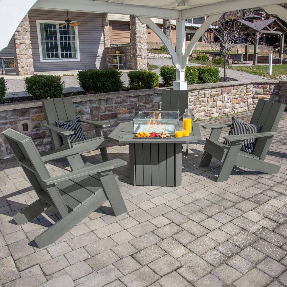 Highwood Italica Modern Adirondack Coastal Teak 5-Piece Recycled Plastic  Patio Fire Pit Set AD-KITCHRAD05-CGE - The Home Depot