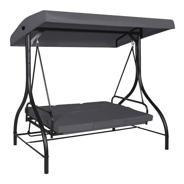 VEIKOUS 3-Person Metal Patio Swing with Converting and Adjustable Canopy and Upgraded Thickened Cushions in Black