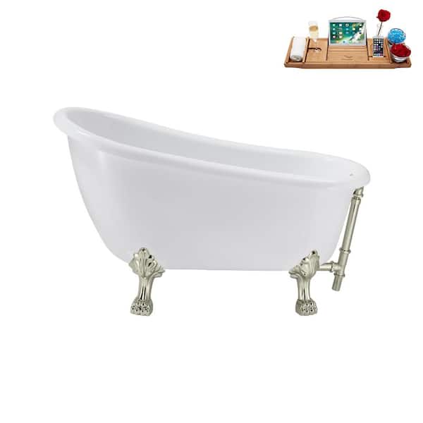 53 in. Acrylic Clawfoot Non-Whirlpool Bathtub in Glossy White with Brushed Nickel Drain And Brushed Nickel Clawfeet