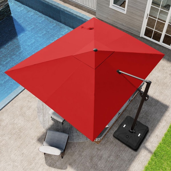 Pellebant 10.5 ft. x 9 ft. Rectangular Aluminum Offset Outdoor Cantilever Patio Umbrella in Red with 360° Rotation and Stand
