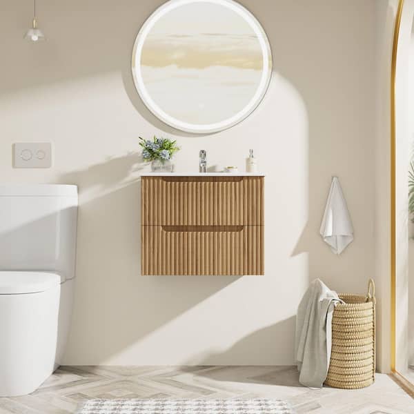 24 in. W Floating Wall Mounted Bath Vanity in Walnut with White Ceramic Top and U-shaped Drawers