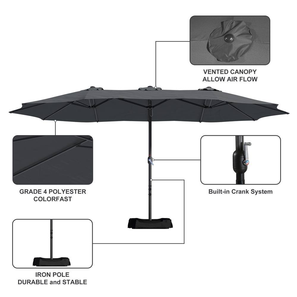 15 Ft Dark Gray Steel Market Patio Umbrella with Base