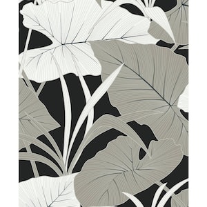 31.35 sq. ft. Ebony and Metallic Silver Elephant Leaves Vinyl Peel and Stick Wallpaper Roll