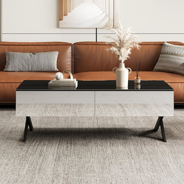 47.3 in. Black Rectangle MDF Wood Coffee Table with 2 drawers, Storage and Metal Base