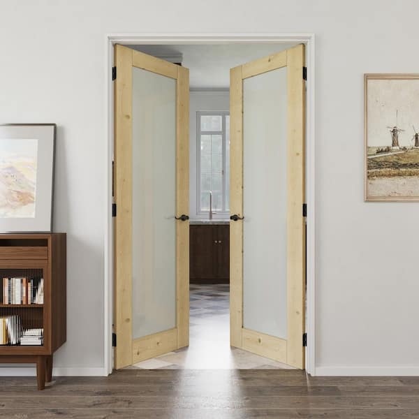 48 in. x 80 in. 1 Lite Frosted Glass Unfinished Pine Solid Wood Double Prehung French Door with Quick Assemble Jamb