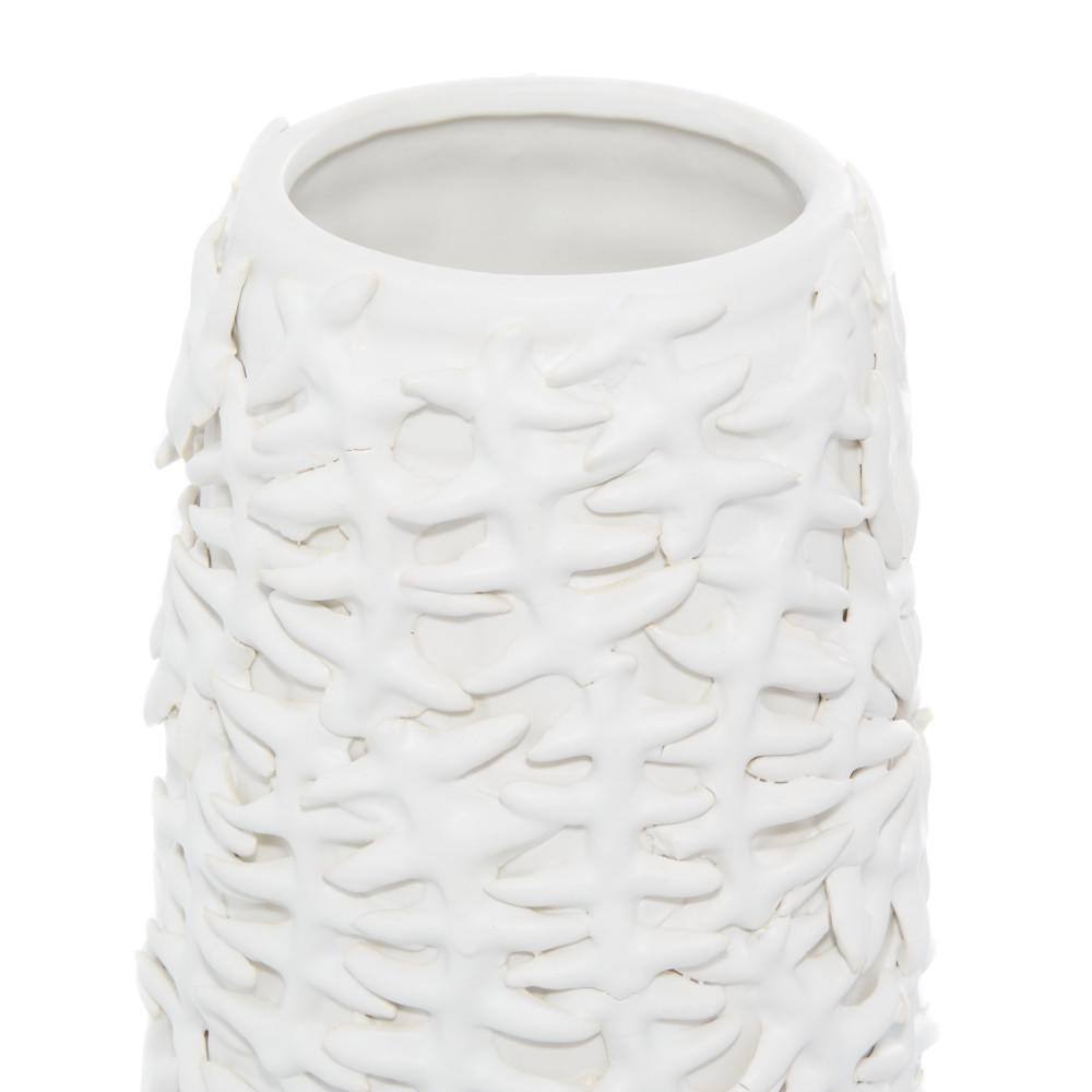 Contemporary Matte White Ceramic Cylinder Vase with Pine Leaf Pattern