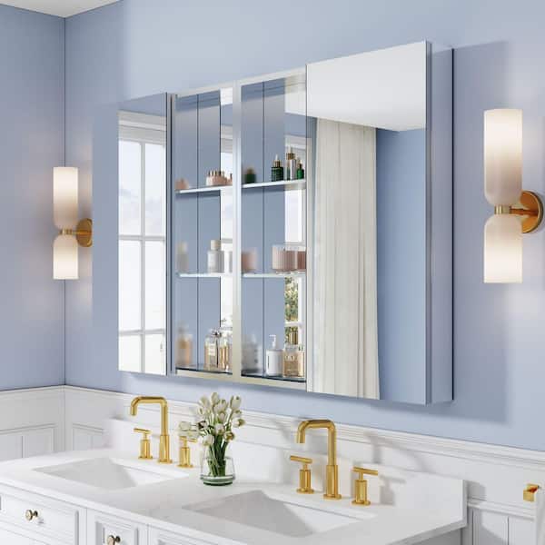56 in. W x 36 in. H Rectangular Polished Aluminum Tri-View Soft Close Medicine Cabinet with Mirror Combo, Reversible