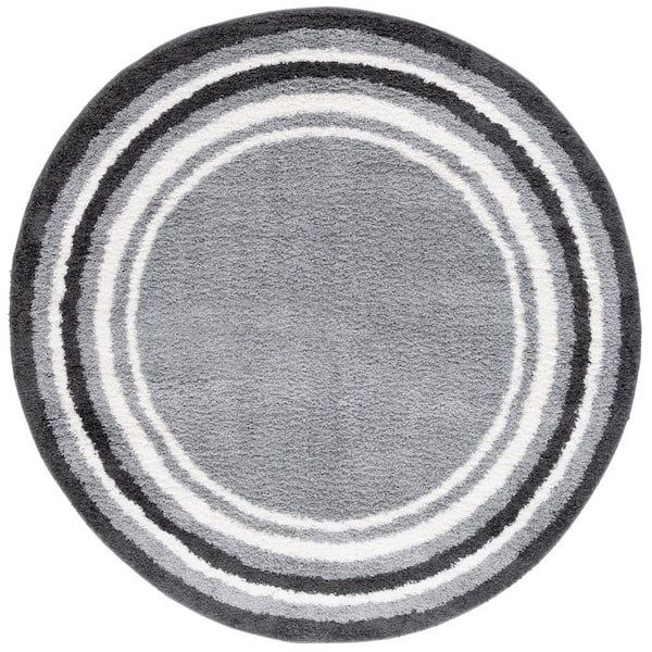 SAFAVIEH Border and Stripe Shag 7 ft. x 7 ft. Gray/Black Concentric Border Round Area Rug