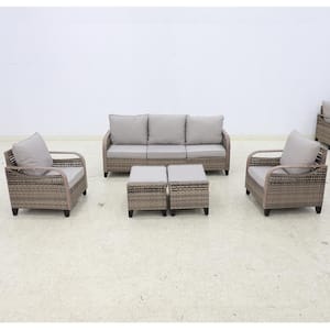 5-Piece Brown Wicker Outdoor Furniture Set Patio Conversation Seating Set with Gray Cushions and 2 Ottomans