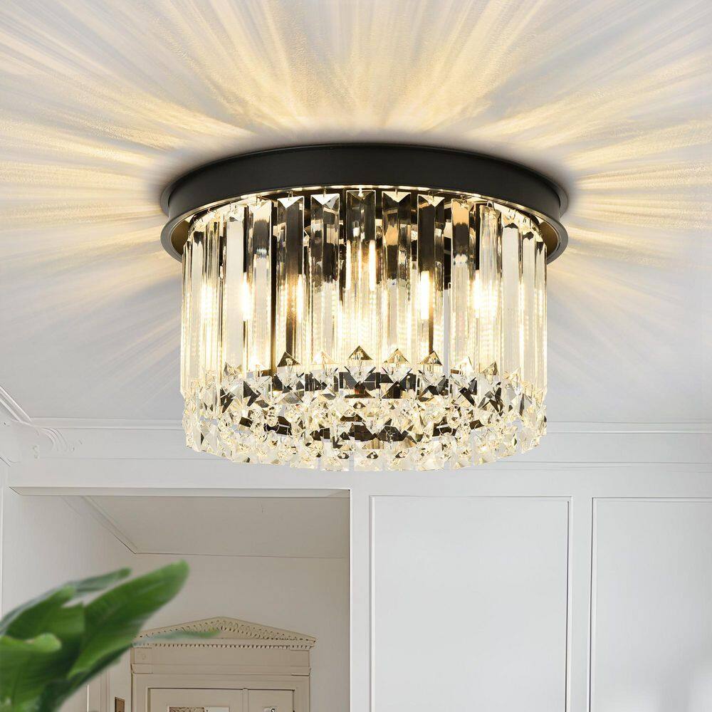 BeamHaven 11.81 in. 4-Light Flush Mount Ceiling Light, Modern Black Finish with Crystal Accents and Drum Shade price history on PriceWatchPro