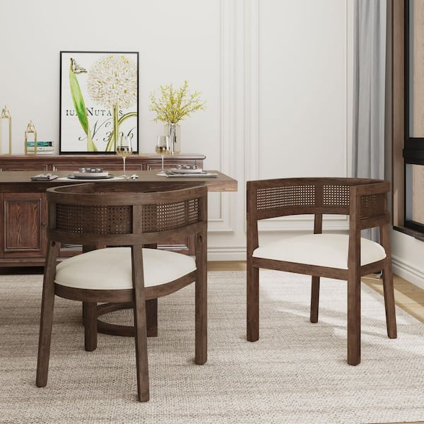 Elev Beige and Walnut Fabric Upholstered Dining Chairs, Set of 2
