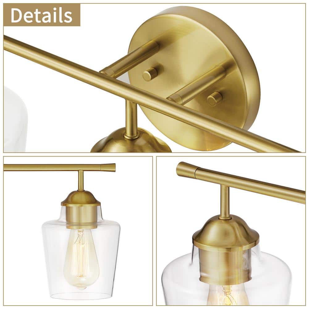 Antique Brass 3-Light Dimmable Bathroom Vanity Light with Clear Glass Shades
