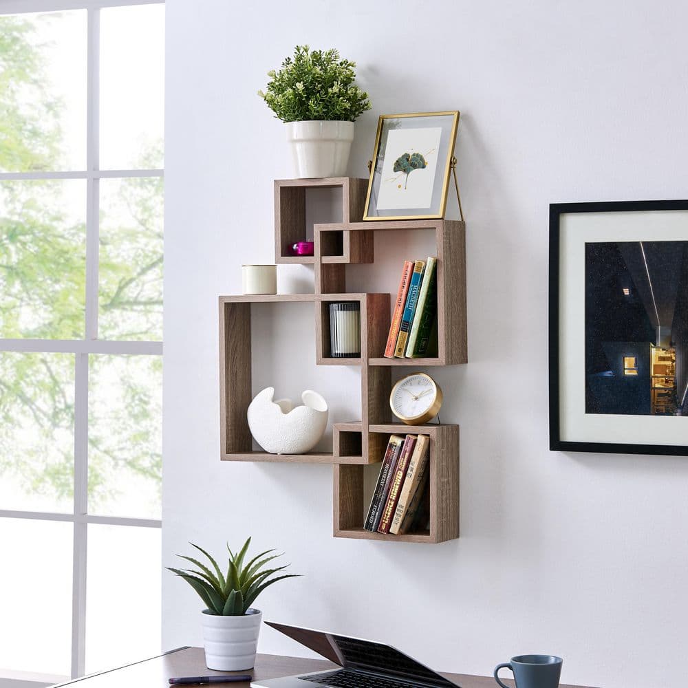 Weathered Oak 14" Intersecting Cube Floating Wall Shelf