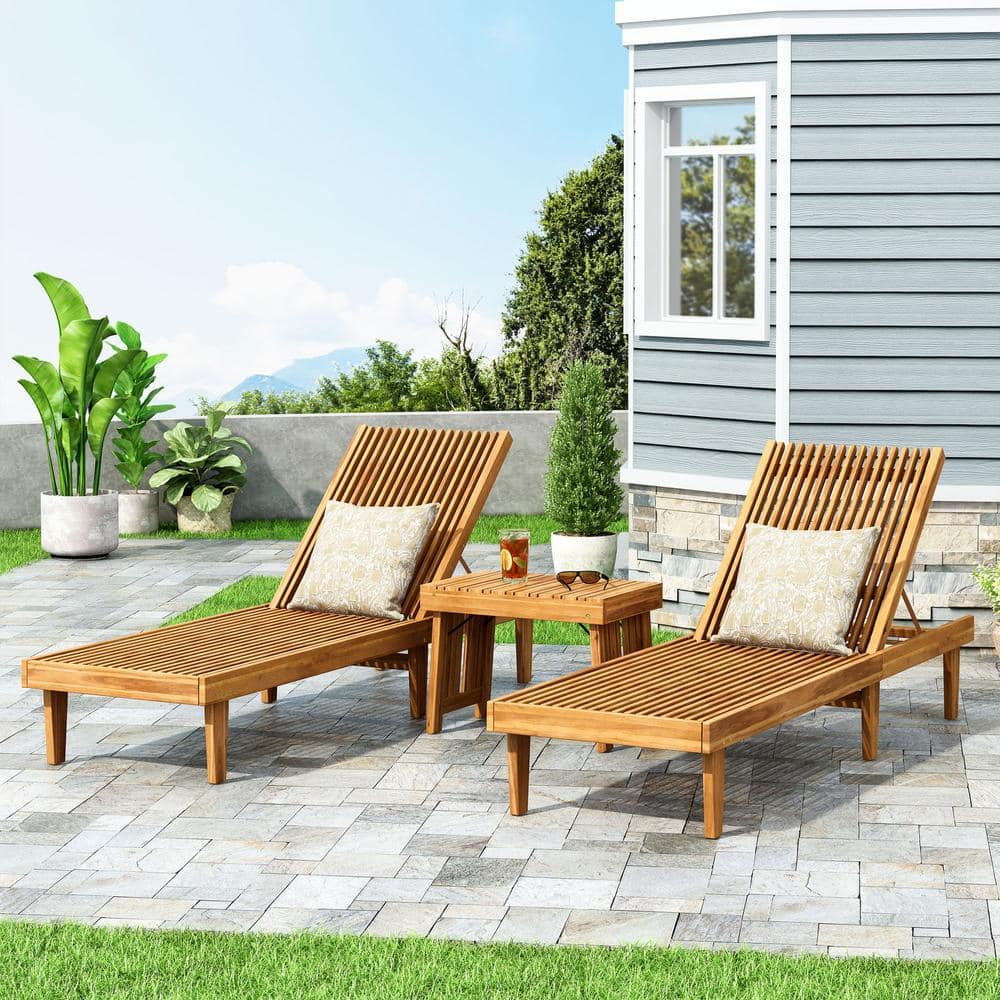 Teak Brown Acacia Wood 3-Piece Outdoor Chaise Lounge Set