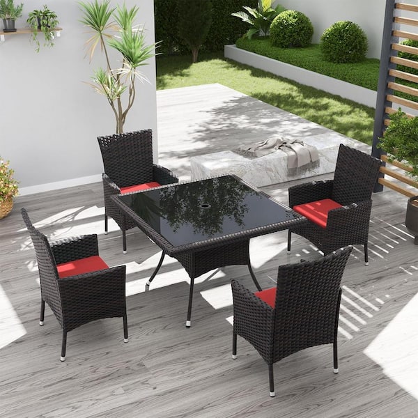 Halmuz 5-Piece Wicker Square Outdoor Dining Set with Glass Tabletop, 1.5 in. Umbrella Hole and Cushion Red