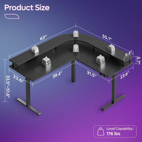 Bestier 63 in. L-Shaped Black Carbon Fiber Wood Sit to Stand Desk