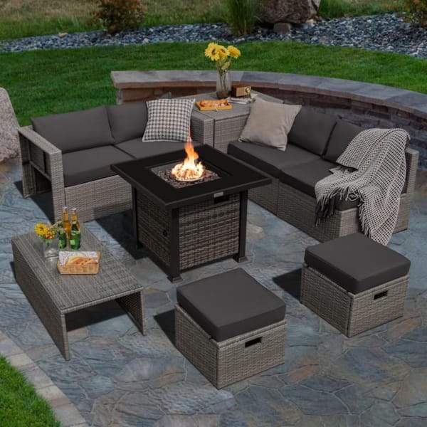 9-Piece Wicker Patio Conversation Set with Gray Cushions