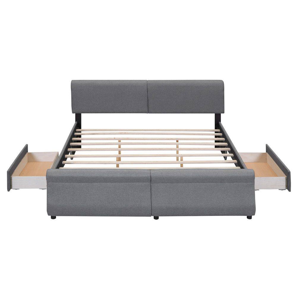 Angel Sar Gray Wood Frame King Size Upholstery Platform Bed with Two