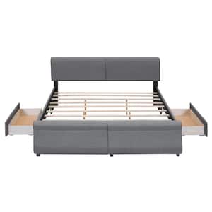 Gray Wood Frame King Size Upholstery Platform Bed with Two Storage Drawers