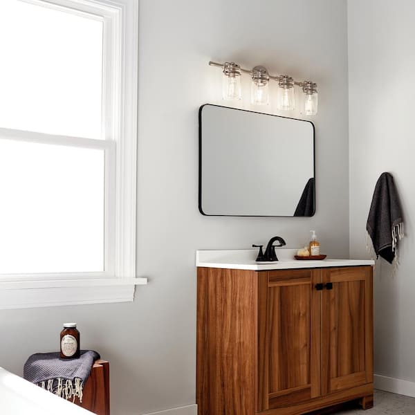 Brinley 32.5 in. 4-Light Brushed Nickel Vintage Bathroom Vanity Light with Clear Glass Shade