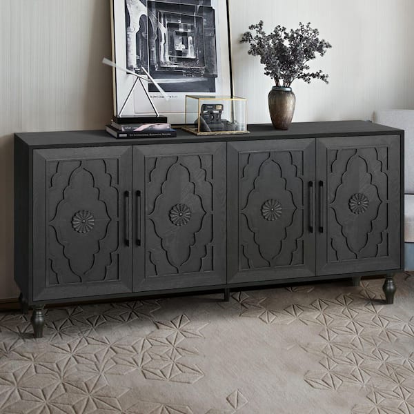 Earl Black MDF Wood 62.99 in. Large Storage Cabinet Sideboard with Metal Handle, Carved Flower Door, Adjustable Shelves