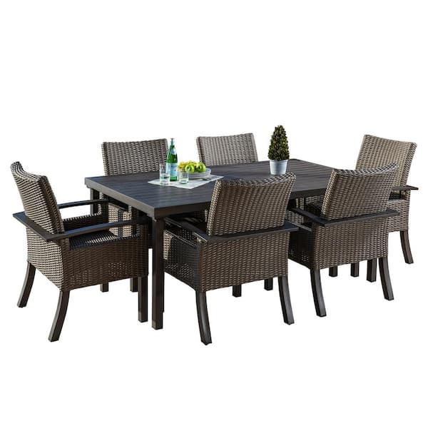 Mondawe 73 in. D x 41 in. W x 30 in. H Mongue 7-Piece Aluminum Frame Brown Wicker Dining Set w/6 Chairs, Table w/Umbrella Hole