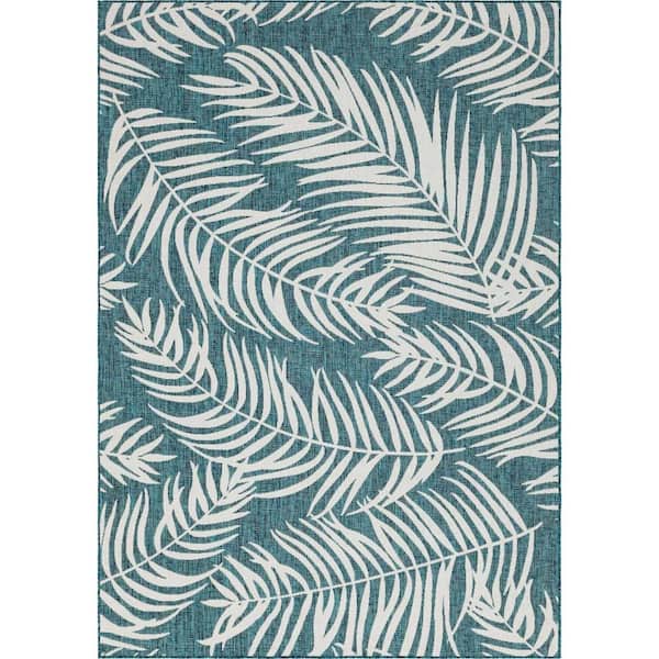 Unique Loom Outdoor Botanical Palm Teal 8 ft. x 11 ft. 4 in. Area Rug