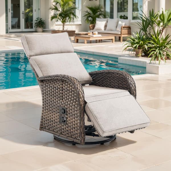 Plain Curve 1-Piece Brown Wicker Outdoor Adjustable Swivel Recliner Chair with Beige Cushions