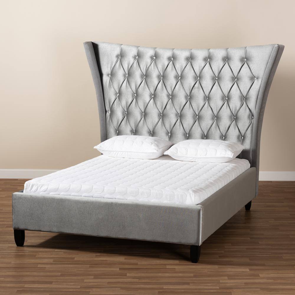 Grey Velvet Queen Bed with Tall Tufted Wingback Headboard