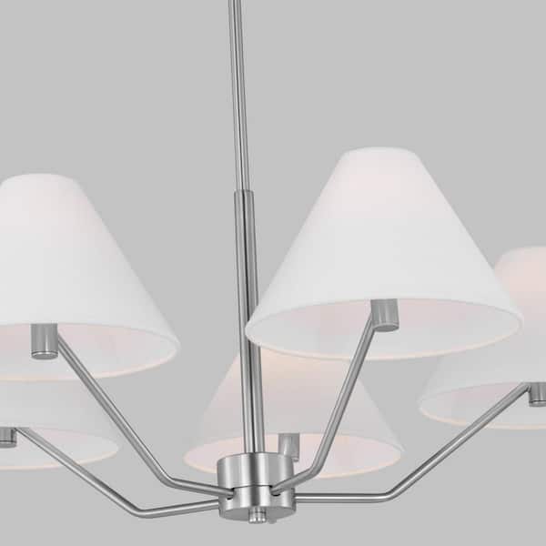 SCOTT LIVING - Burke 5-Light Brushed Steel Medium Chandelier with White Linen Fabric Shades