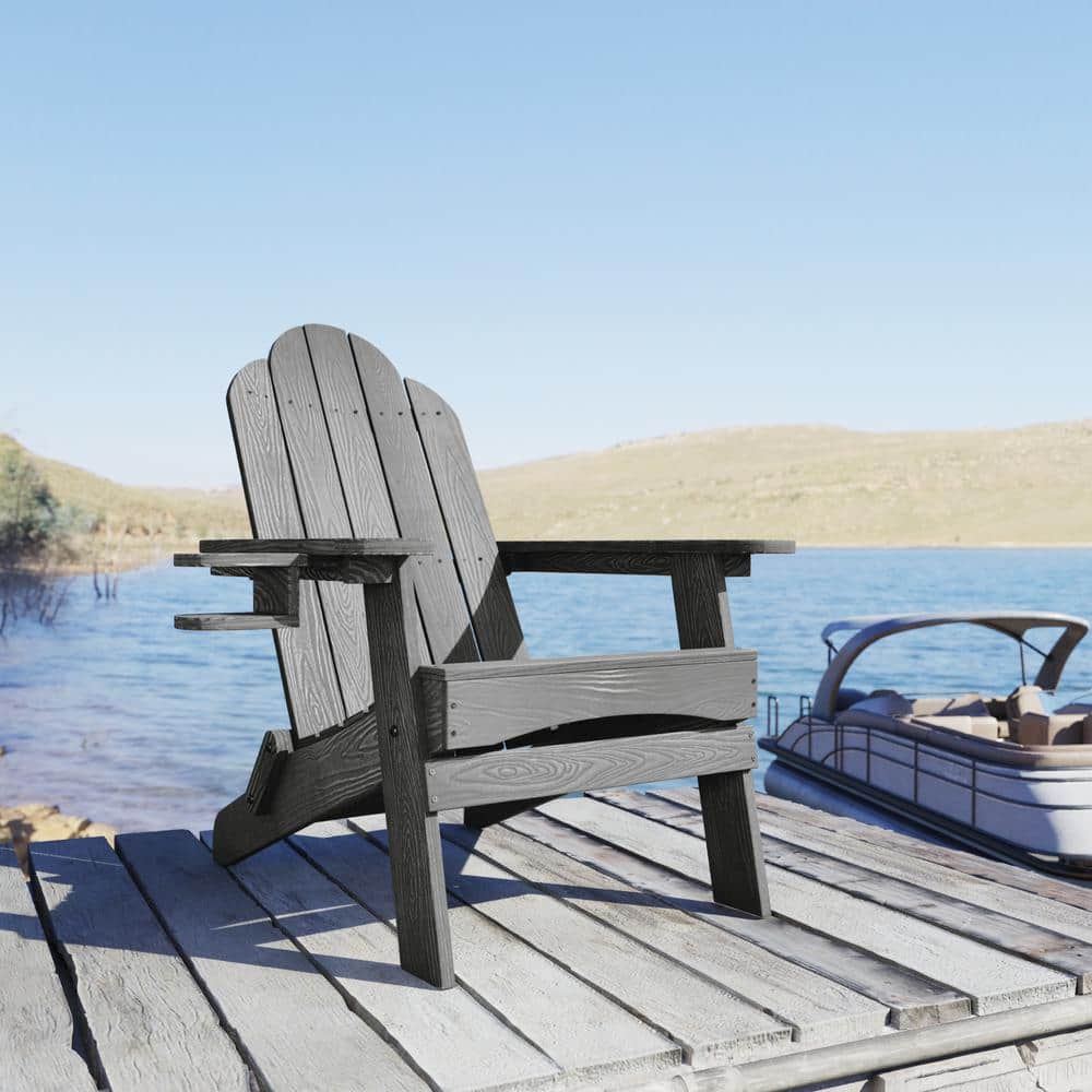 Dark Gray Folding Adirondack Chair Set with Cup Holder, 4-Piece