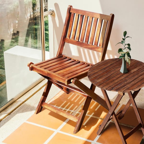 3-Piece Brown Acacia Wood Bar Set, Wooden Folding, for Garden