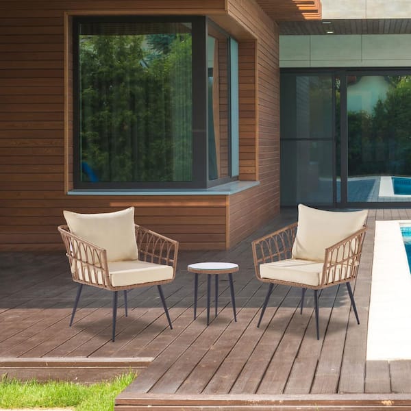 Tunearary 3-Piece Wicker Outdoor Patio Conversation Set with Yellow Cushions