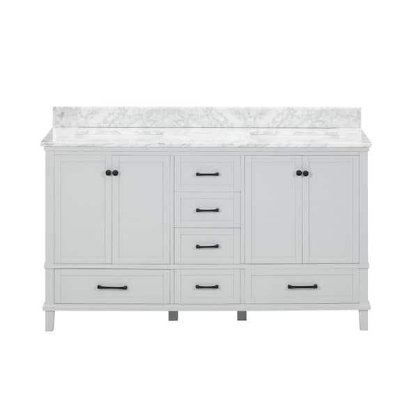 Merryfield 61 in. Double Sink Dove Grey Bath Vanity with White Carrara Marble Top (Assembled)