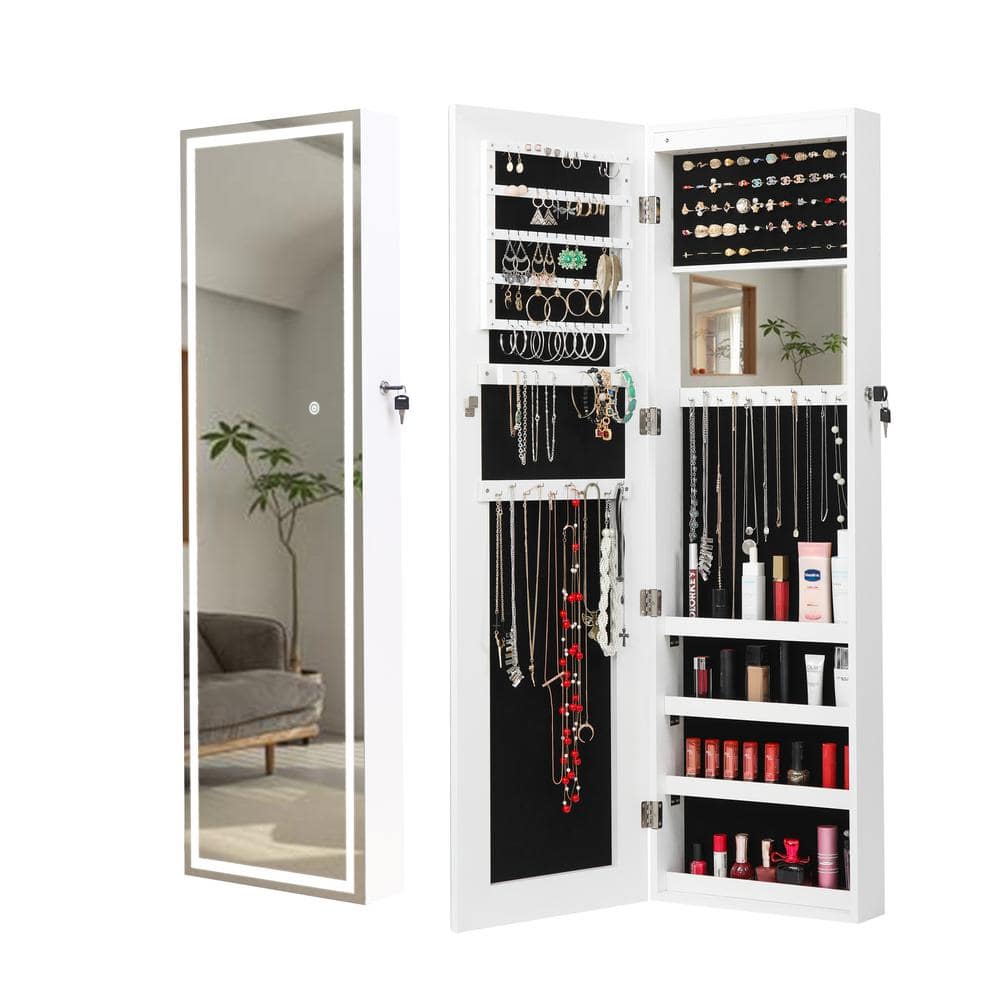 Afoxsos 47.2 In. Rustic Black Jewelry Armoire, Lockable Tall Mounted Mirror Cabinet W/ Full-Length Mirror, Drawers & Lights SNPH048IN077