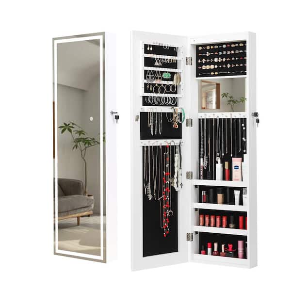 Unbranded Fashion Simple White Jewelry Storage Cabinet with LED Lights and Mirror Can Be Hung on The Door or Wall