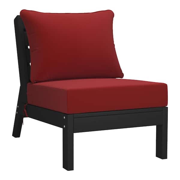 Birchwood Outdoor Patio Deep Seating HDPE Armless Lounge Chair in Black with Red Cushions