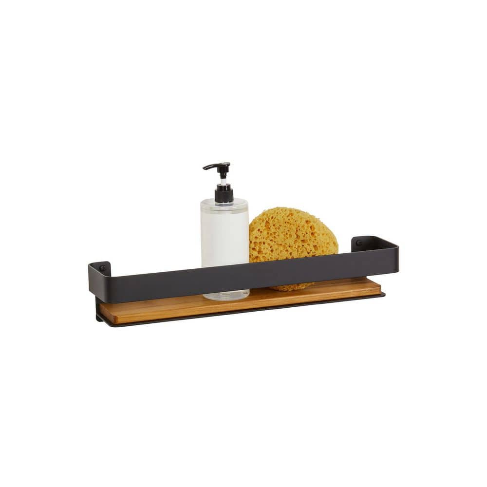 Matte Black and Teak Wood Wall Mounted Shower Shelf