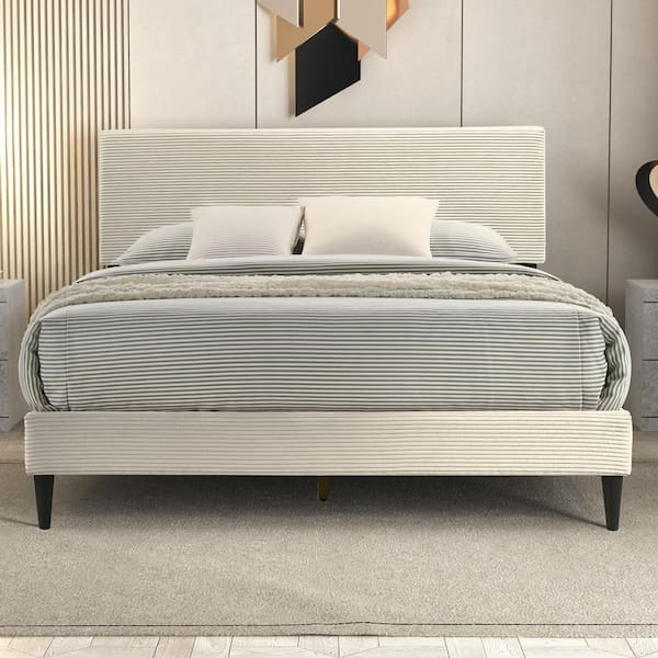 GALANO Bayson Towel Cream White Wood Frame Queen Platform Bed Headboard