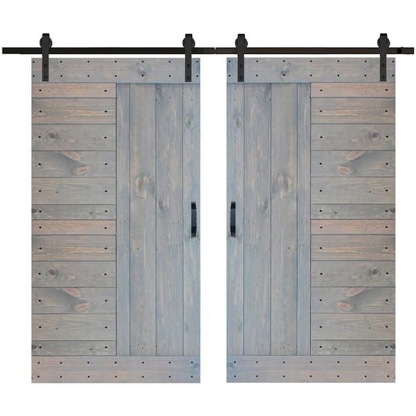 ISLIFE L Series 84 in. x 84 in. French Gray Finished Solid Wood Double Sliding Barn Door with Hardware Kit - Assembly Needed