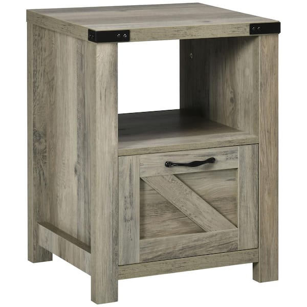 HOMCOM 17.75" L x 23.7" H Square Industrial Side Table with 1 Drawer 1 Open Shelf and MDF Tabletop for Living Room, Grey Oak