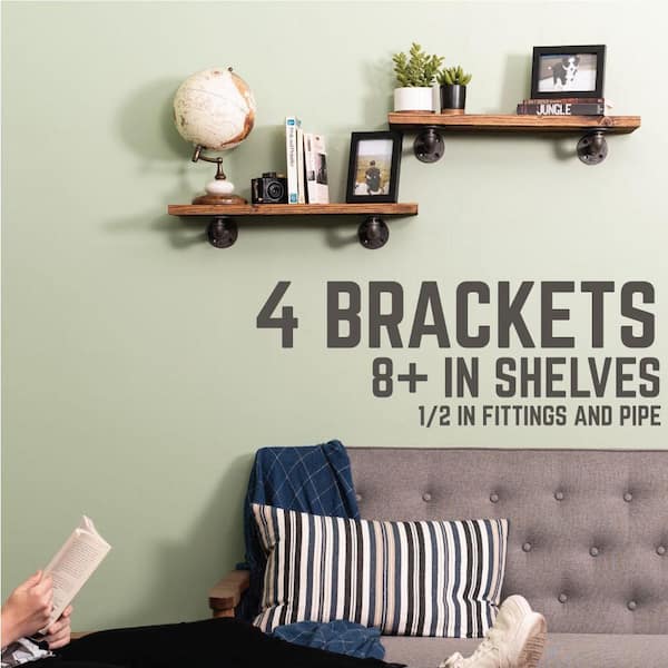 1/2 in. Black Pipe 3.75 in D x 2.5 in. H Wall Mounted Double Flange Shelf Bracket Kit (4-Pack) 1/2 in. Black Pipe 3.75 in D x 2.5 in. H Wall Mounted Double Flange Shelf Bracket Kit (4-Pack)